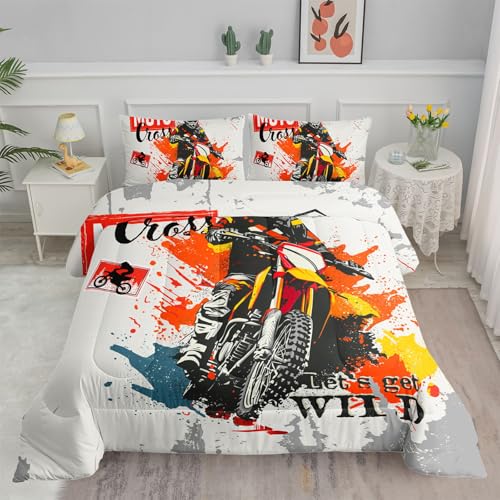 Image of Motocross Comforter Set Extreme Sports Printed Bedding Set with 1 Comforter and 2 Pillowcases for Boys and Girls Bedroom All Season(Motocross Queen)