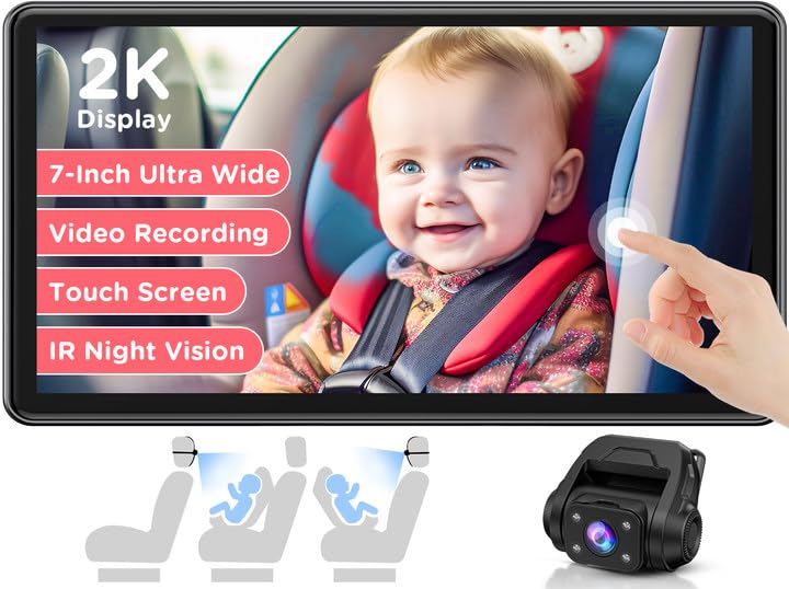 Image of Baby Car Camera, 7'' 2K Mirror Monitor with Night Vision, Video Recording, and 3X Zoom for Clear Wide View of Rear-Facing Seat