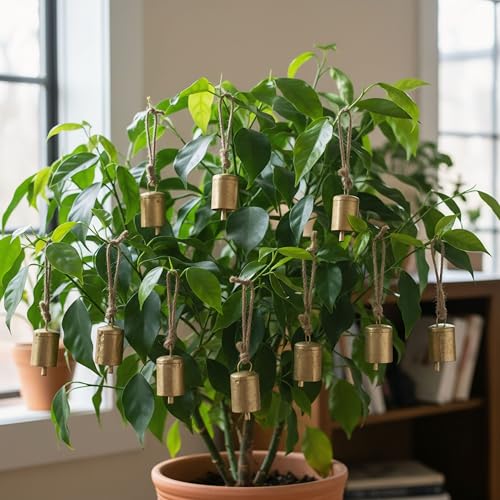 Image of Pack of 10 Vintage Rustic Mini Bells with Rope | Decorative Hanging Ghanti for Home, Diwali Pooja, Wall Decor, Christmas & Craft Supplies