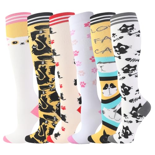 Cheeroyal 6 Pairs Compression Socks for Women Men Graduated Stocking Knee High Best Support for Athletics, Nurse, Hiking (AY005-1+309,Small)