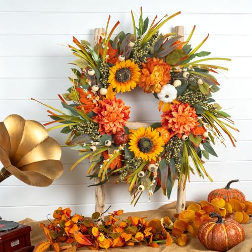 Image of Artificial Fall Wreaths for Front Door 24 Inch Harvest Autumn Leaf Wreath | Realistic Fall Door Wreath with Sunflowers,Dahlias,Pumpkins & Berries-Indoor Outdoor Thanksgiving,Halloween,Porch,Wall Decor
