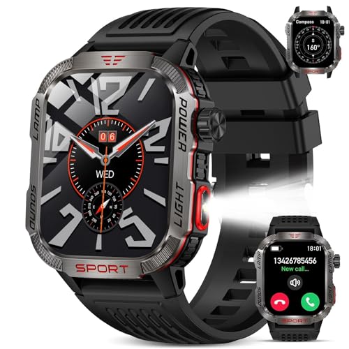 Relógio Inteligente, Smartwatch Militar Masculino com Chamadas Bluetooth, 2,01" Relógio de Fitness, Lanterna LED/Luz UV/Barômetro Bússola,100+ Modos Esportivos, 40+ Dias Longa Vida IP68 Resistente