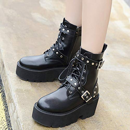 Image of Parisuit Womens Goth Patent Ankle Boots Platform Chunky Combat Boots | Lace Up, Gothic Boots, High Heel, Punk Short Booties, Buckle Boots, Chain Boots