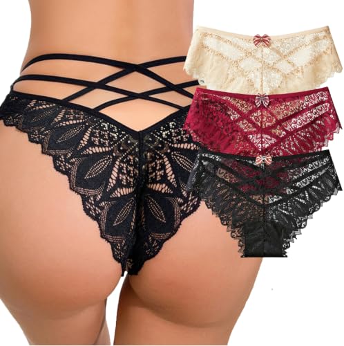 Image of Womens Sexy Thongs Lace Panties Underwear Low Rise Plus Size Underpants Pack of 1-3