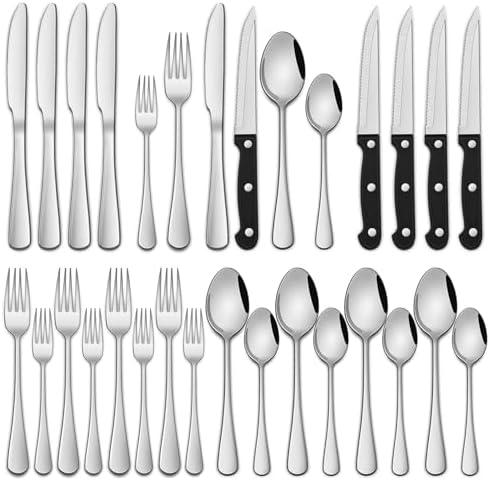 24-Piece Silverware Set with Steak Knives,Flatware Set Service for 4 Person, Food-Grade Stainless Steel Tableware Cutlery Set, Mirror Finished Utensil Sets for Home Restaurant
