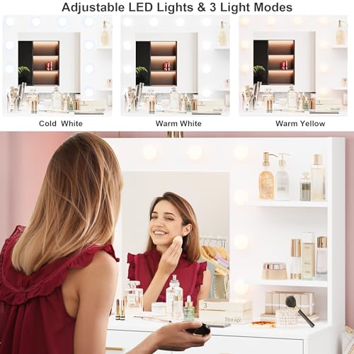 61" Make Up Vanity Desk with Mirror and Lights, White Vanity with 8 Wide Storage Drawers & 2 Tier Shelves, 3 Lighting Modes with Adjustable Brightness for Bedroom