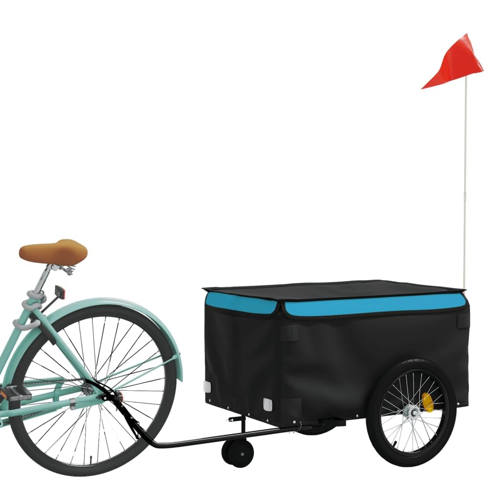 Fahrradanhänger Schwarz und Rot aus Eisen Traglast mit Deichsel Sicherheitsflagge für Lasten Transport Gepäck Hunde Kinder Outdoor Alltag Reise