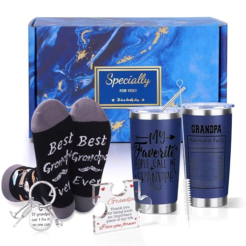 JMTMBR Grandpa Gifts from Granddaughter Grandson 4Pcs Gift Set Tumbler Socks Keychain Acrylic Table Decoration Unique Birthday Gift Ideas for Grandfather New Grandpa, Dark Blue