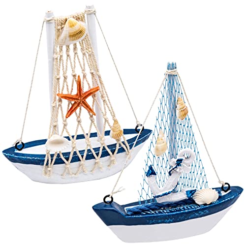 2 Stück Segelboot Modell Boot Deko Holz Segelboote Modell mit Fischernetz Muschel, Nautische Segelboot Ornament, Maritime Deko, Klein Segelboot für...