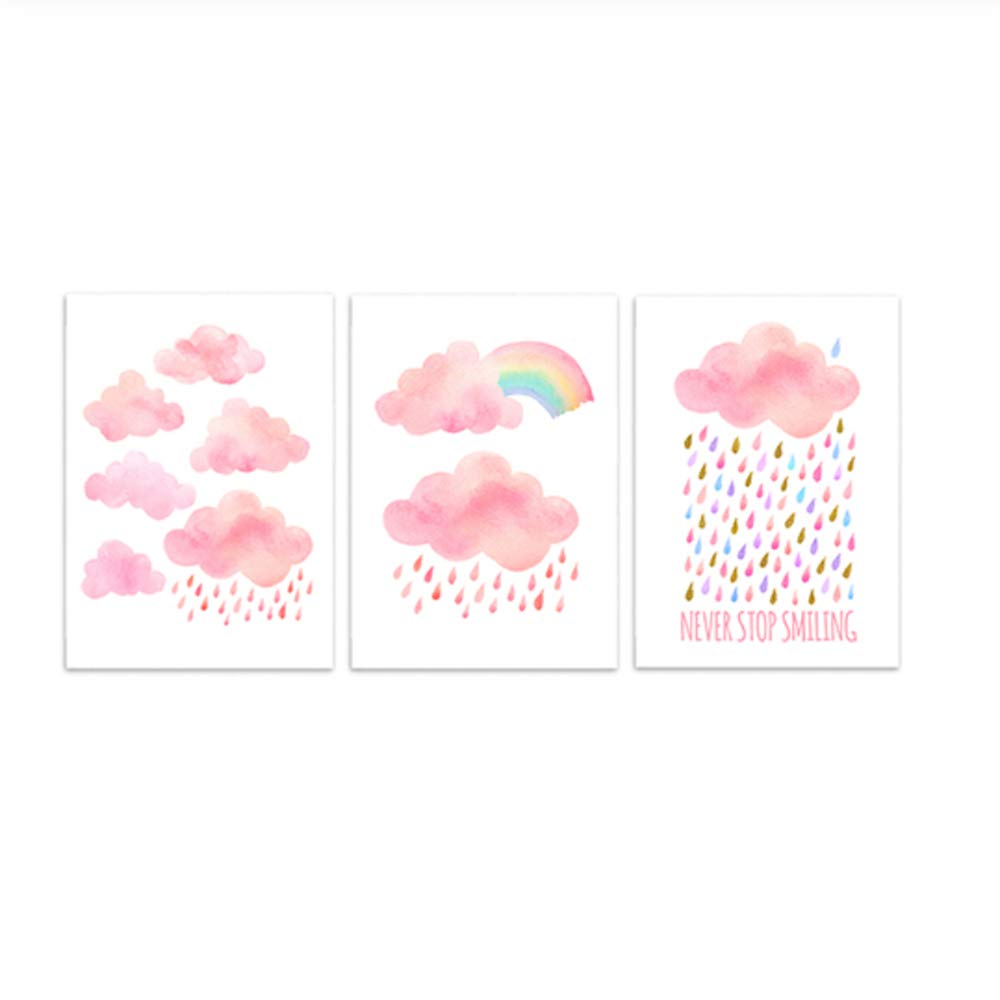 Imprimir Lienzo Pintura Marco de la habitación del bebé Decorativo Rosa de Dibujos Animados Nube y Gota de Lluvia Carteles y Arte de la Pared Imagen 50x70cm (19.7 "x27.6) x3 con Marco