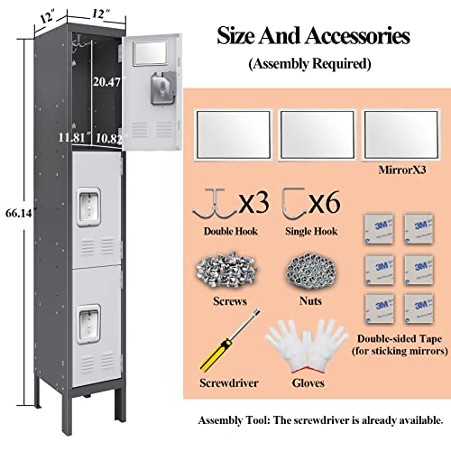 KAER 3-Tier Metal Storage Locker with Mirror, Grey+White