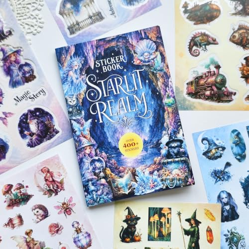 Image of Starlit Realm Fantasy Sticker Book - Waterproof & Repositionable Celestial Decals, Pre-Cut Magical Fairies, Moons & Stars for Scrapbook, Journal & DIY Crafts, No Residue