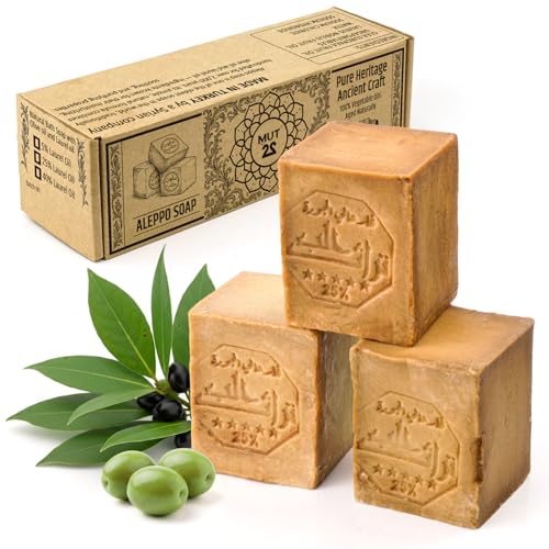 MUT22 Jabón de Alepo 75% Oliva y 25% Laurel - Para Piel Normal o Mixta - Limpieza Equilibrada Natural y Artesanal para Uso Diario