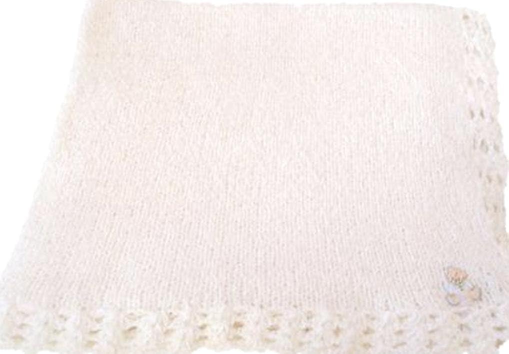 Knitted Crochet Finished Light Pink Chenille Large Baby Blanket with White Teddy