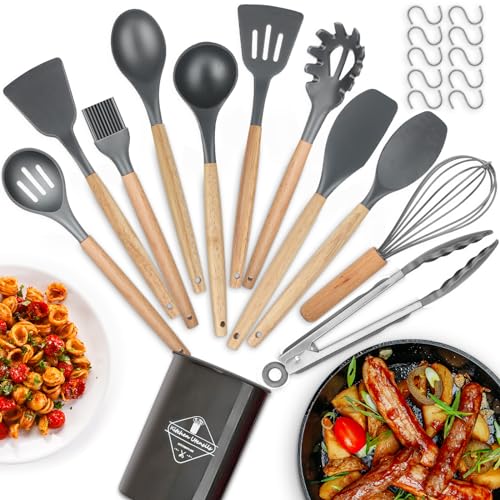 Miniatura 8 de Utensilios Cocina De Silicona, Hicoosee 22 Piezas Juego Utensilios De Cocina De Silicona Con Mango De Madera Para Utensilios, Sin Bpa Resistentes Al Calor Y Antiadherentes Con 10 S Ganchos, Gris 01