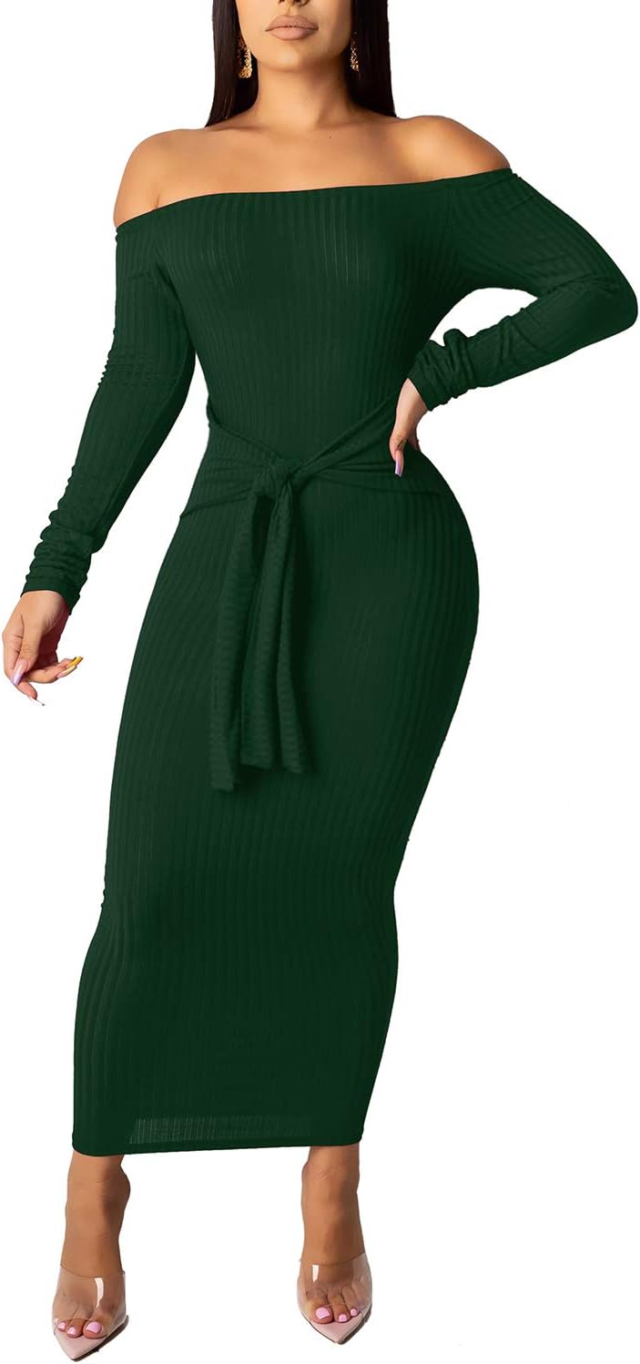 SheKiss Women's Off Shoulder Long Sleeves Bodycon Sweater Dress Sexy Knit Slim Cardigans