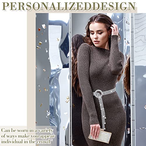 Jeyiour 3 Pcs Women Rhinestone Belt Diamond Elastic Waist Glitter Belt Shiny Crystal Silver Chain Bling Waistband Square Ring Wide Waist Band for Christmas Women Ladies Jeans Dress 6