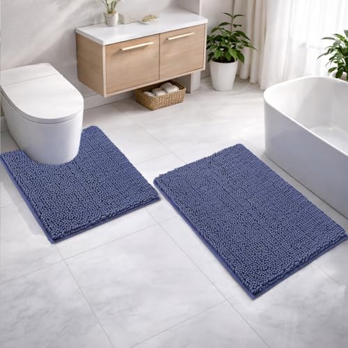 Image of LUXEHOME International Microfibre Chenille Contour Bath Mat Set for Bathroom, Anti Slip Super Absorbent Quick Dry Washable Bathroom Mats, Solid (Navy 40x60cm & 47x47cm) Pack of 2