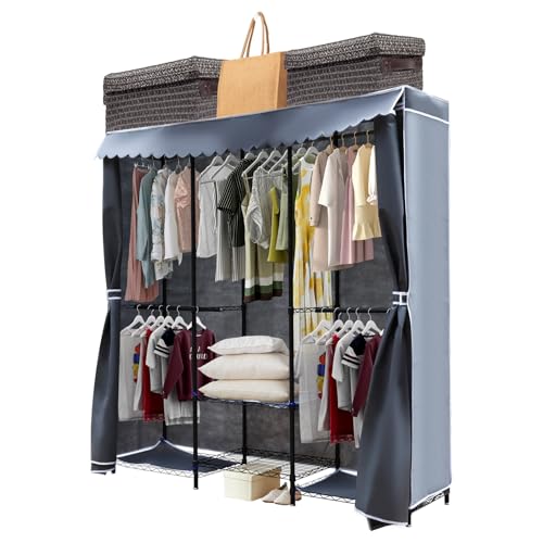 ALSO GO Heavy Duty Garment Rack with Dust-Proof Cover, Portable Wardrobe Closet, Closet Organizer Rack for Hanging Clothes, Wardrobe Closet with Adjustable Height, 70