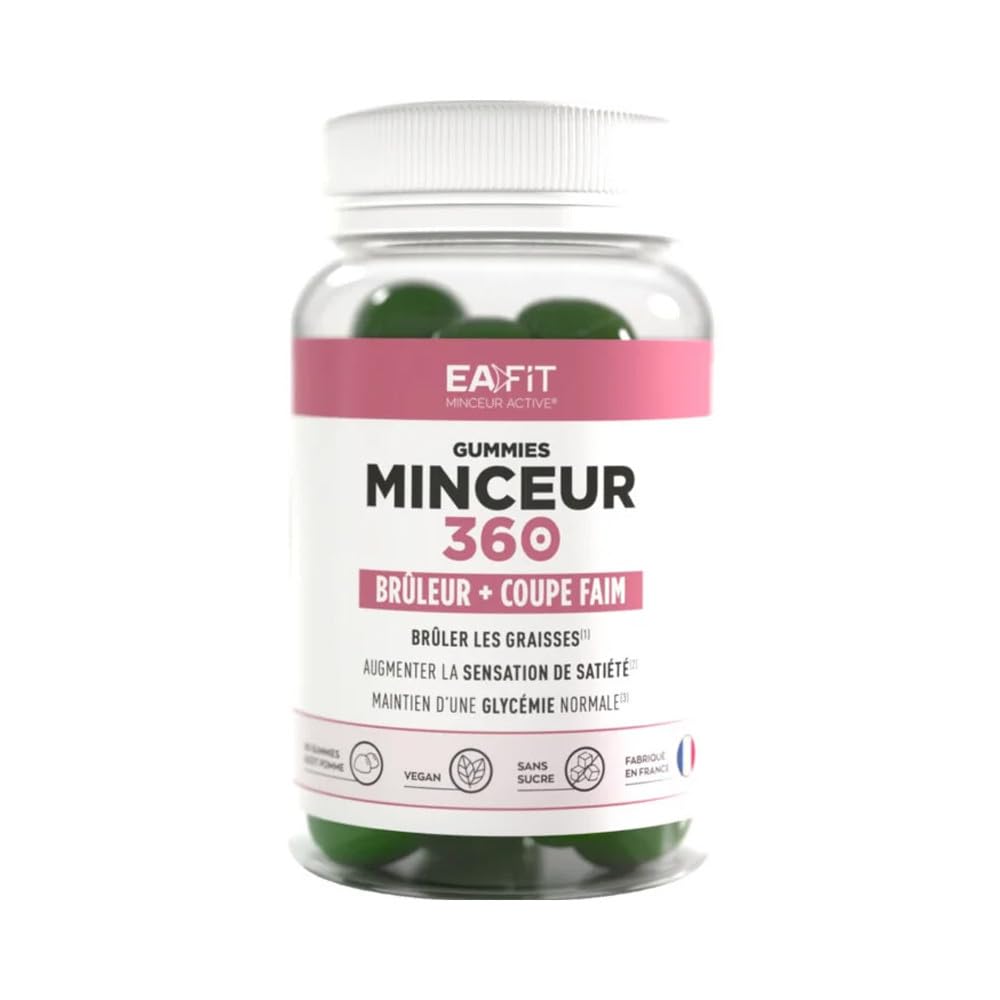 MINCEUR 360 Gummies EAFIT | Coupe faim et bruleur | Réduit les sensations de faim | Brûleur de graisses | Contient du Chrome, Nopal et Cola | Goût pomme sans sucre | 60 gummies | Fabriqué en France
