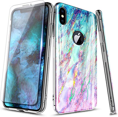 E-Began Case for iPhone XR with Tempered Glass Screen Protector, Ultra Slim Thin Glossy Stylish Protective Marble Design Cover Phone Case (6.1 inch 2018 Release) -Nova