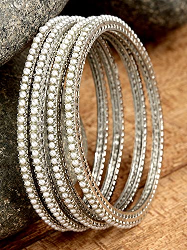 Image of Karatcart Oxidised Silver Pearl Studded Tribal Set of 4 Bangles for Women