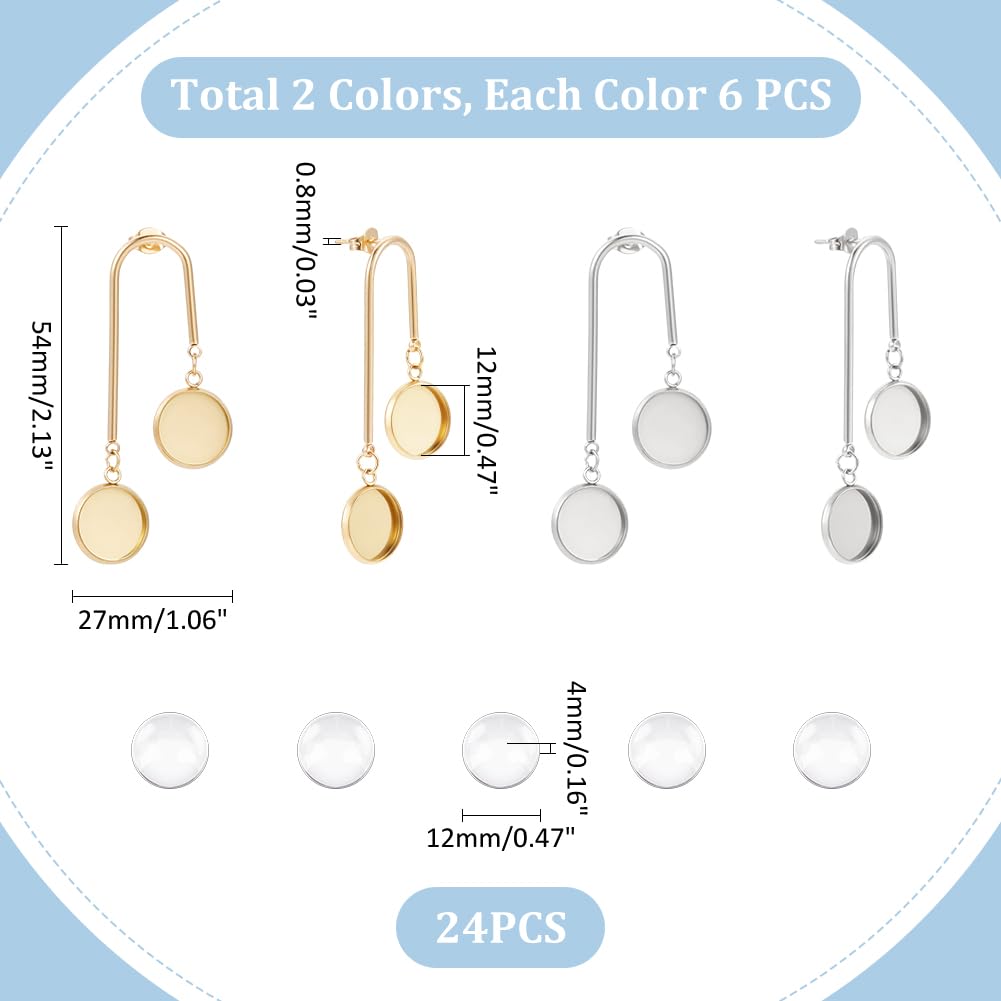 UNICRFTALE 1 Set 2 Colori 24 Pz Doppio Piatto Rotondo Orecchini a Perno Lunetta Vassoio 304 Impostazioni di Orecchini a Perno in Acciaio Inox con 24 Pz Cabochon In Vetro Orecchini Base Arch Earring