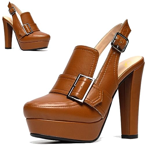 Image of SHODENSE Women Vintage Platform Chunky High Heels Pumps Shoes Round Closed Toe Platform Loafers Ankle Strap Block Heel Slingback Summer Sandals Backless Buckle Loafer Ladies Chic Sexy Party 4-11 M US