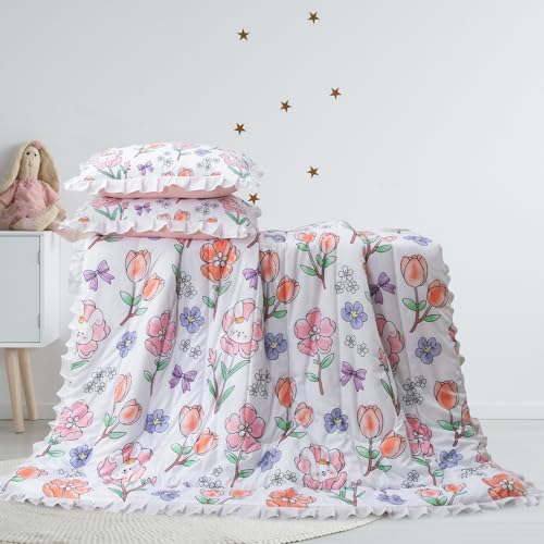 Image of A Nice Night 6 Piece Comforter Set Bed in a Bag with Comforter & Sheet Set,Chic Cute Rabbits Bow Printed Bedding Sets,Princess Ruffle Bedding for Kids Girls,Queen