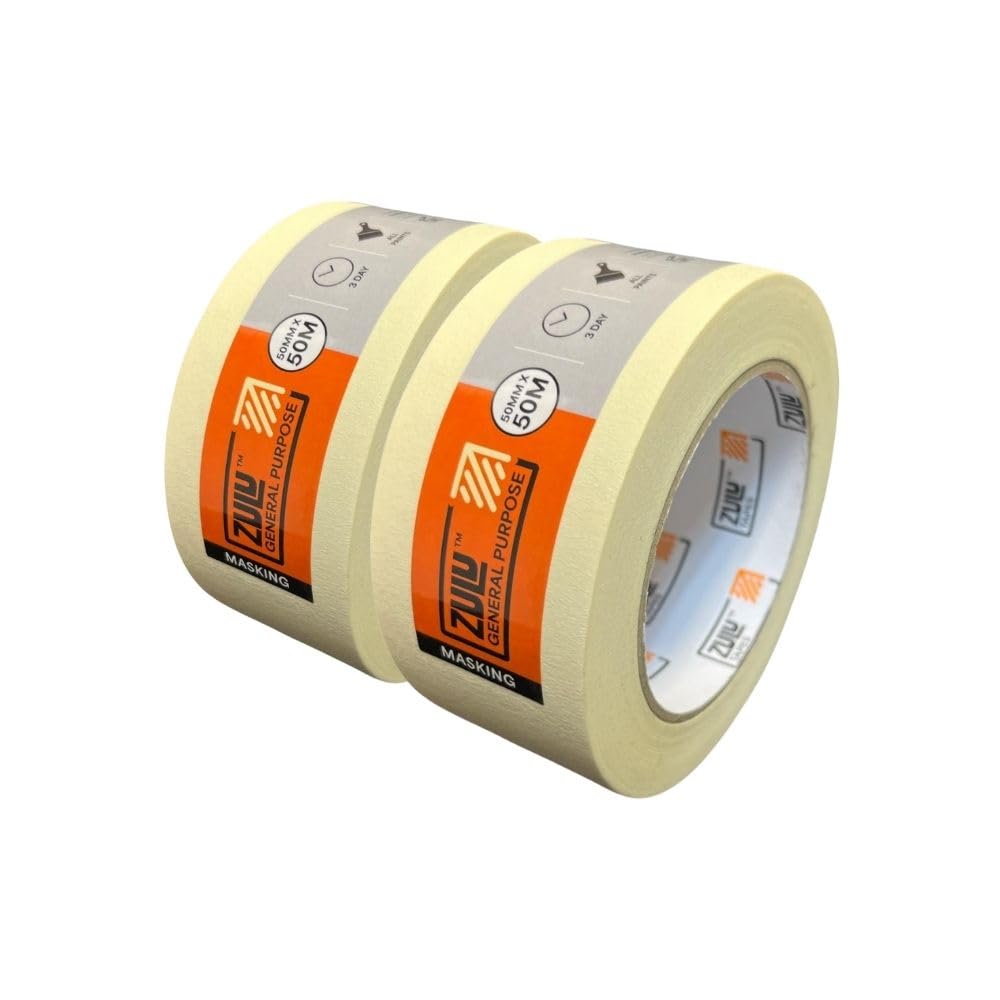 Zulu Premium Masking Tape for Painters 50mm x 50m - Multi Surface Indoor Wide Adhesive Painters Tape - DIY Decorating Rennovation Crafts Arts | (2 Pack)