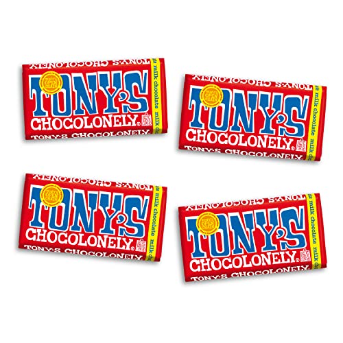 Tony’s Chocolonely Belgian Milk Chocolate Candy Bar, Pure Chocolate Bars for Snacks, Party Favors, Gifts, or Gift Basket, 32% Cacao, Made From Quality Fairtrade Cocoa, 4 Bars, 6.35 Oz Each