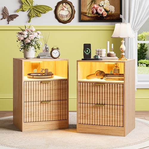 Image of Night Stand Set 2, LED Nightstand with Charging Station, Fluted Nightstands Set of 2 with 2 Drawers, Wood Side Table End & Bedside Tables for Bedroom Sofa Office, Natural Oak
