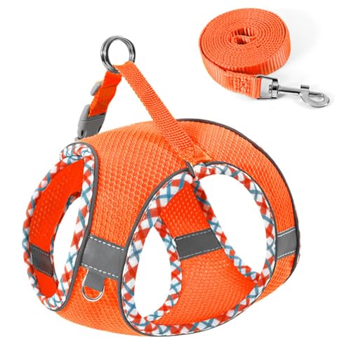 犬用 ハーネス 犬 リード付き 小型犬 中型犬 散歩 牽引ロープ ハーネスセット リードセット ランニング トレーニング 猫 反射光 かわいい 着脱簡単 (オレンジ)