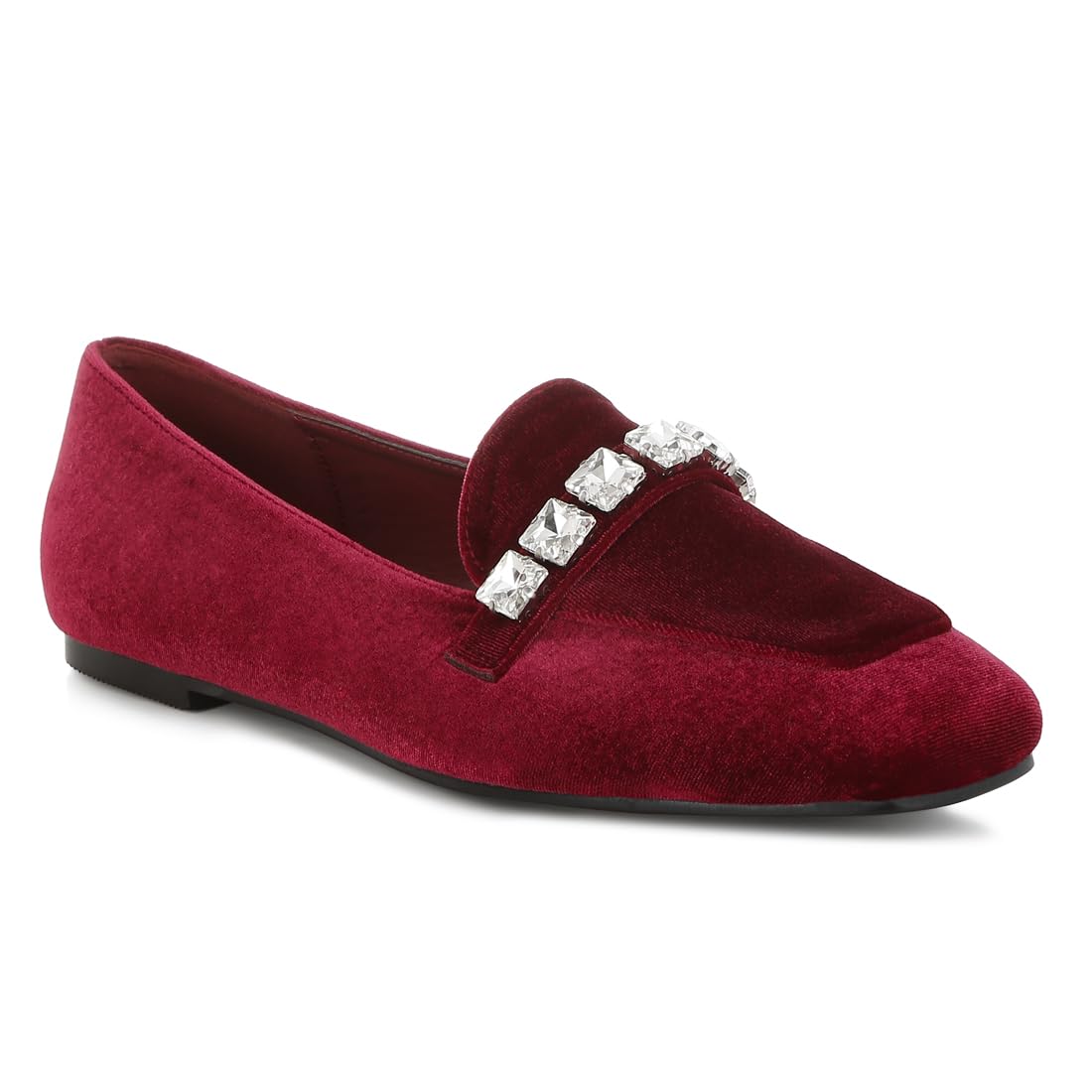 Diamante Strap Velvet Loafers Dark Red-image-10