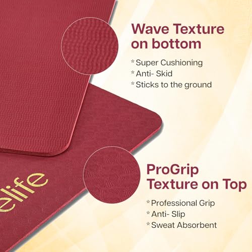 Image of Wiselife Tru Body Alignment Yoga Mat + Sleek Yoga Strap For Men And Women | Non-Slip Textured Extra Wide & Thick | Pro Balance Tpe Exercise Mat For Home, Pilates, Gym & Fitness (6Mm, Wine)