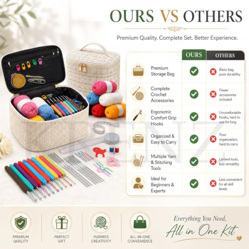 Image of KRENZ 59 Pcs Crochet Kit Set for Beginner Adults Kids Starter Kit Crochet Needles Set Crochet Kit Include 6 Yarn Crochet Hooks Stitch Markers Storage Bag All in One Crochet Hook Set with Crochet Yarn