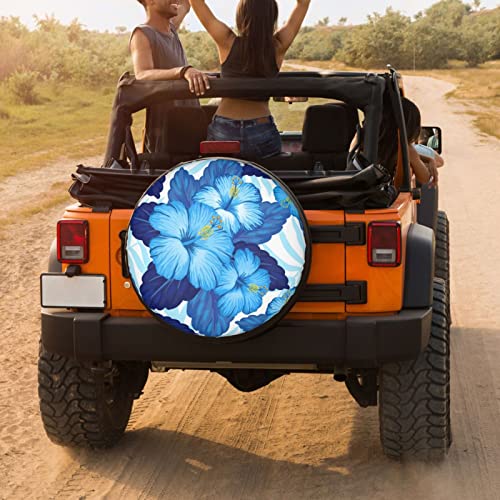 Image of Delerain Blue Hibiscus Flowers Spare Tire Covers Waterproof Dust-Proof Spare Wheel Cover Universal Fit for Jeep, Trailer, RV, SUV, Truck and Many Vehicle (17 Inch for Diameter 31 inch-33 inch)