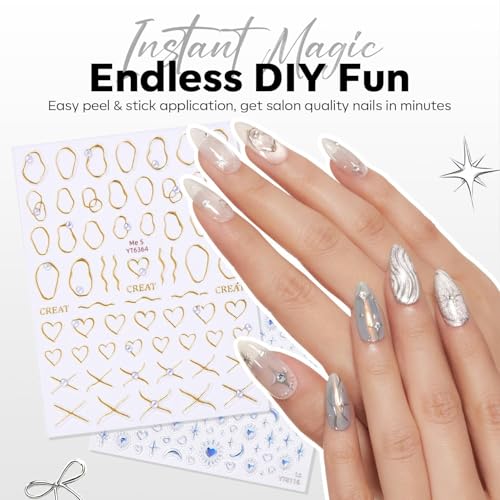 Image of modelones Nail Stickers 3D Self-Adhesive Nail Decals Gold Line Star, Laser Heart & Star Sparkle, Moon Nail Art Holiday Spring DIY Nail Stickers for Women & Kids 5Pcs