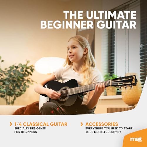 Image of MAX SoloArt Junior 30-inch Small Size Classical Acoustic Guitar Starter Kit for Kids (Aged 3-8 Years) Includes Gig Bag,Tuner, Strap, Extra Nylon Strings & Picks Designed & Engineered in Netherlands