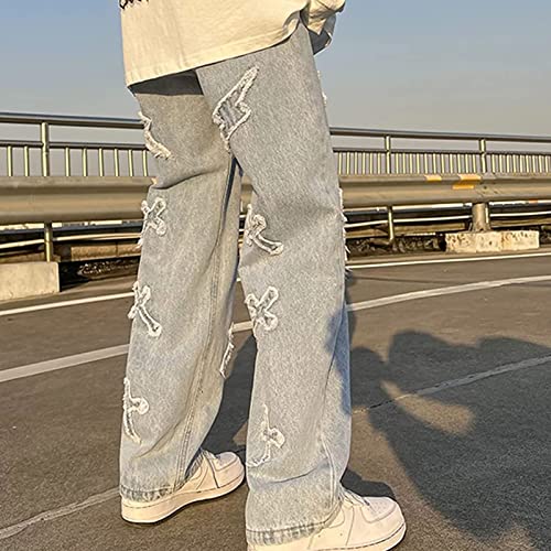 Jeans large homme rétro avec patchwork stretch et bas évasé confortable