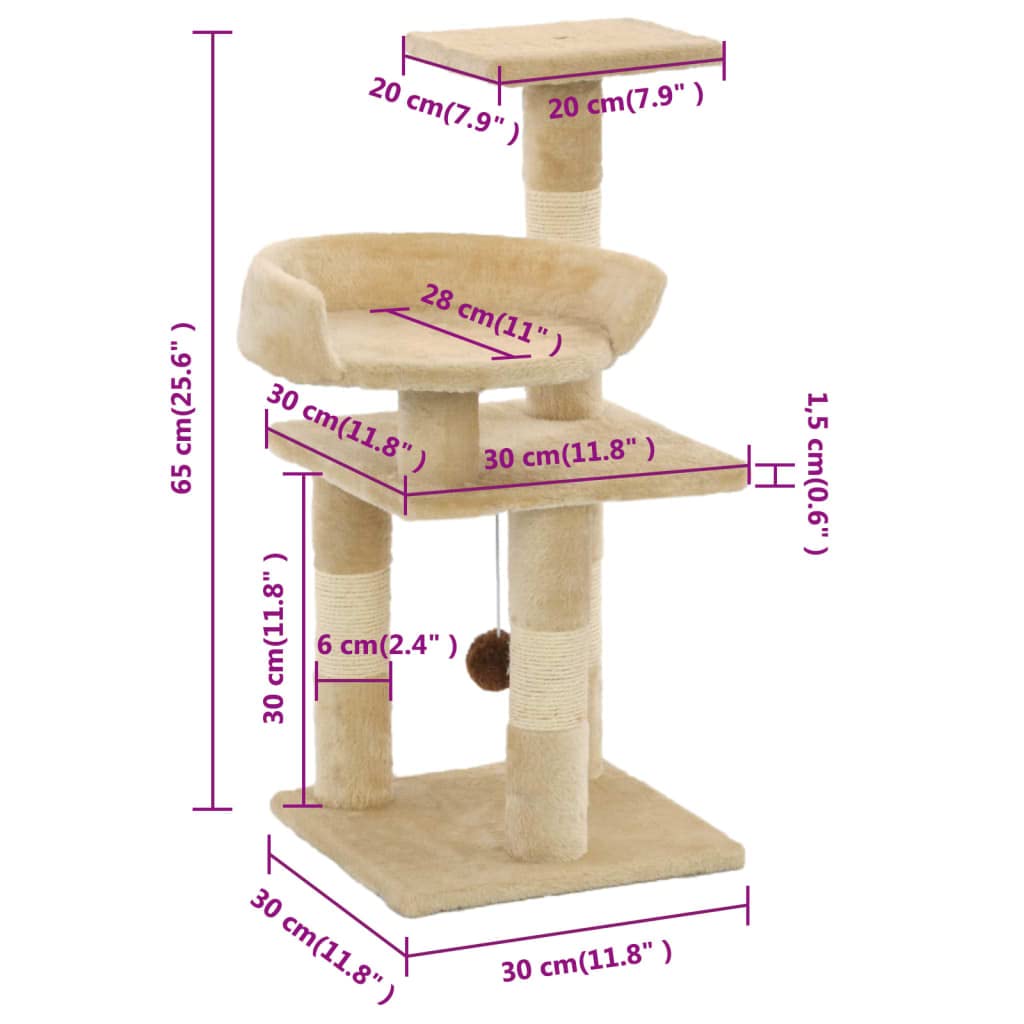 Kratzbaum 65cm Beige Kleiner Katzenkratzbaum mit Sisalstamm | Kompakter Spielplatz für das Wohnzimmer mit Aussichtsplattform, Plüsch-Ruhezone und hängendem Spielball.