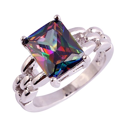 925 Sterling Silver Plated Emerald Cut Simulated Rainbow Topaz Wedding Ring for Women