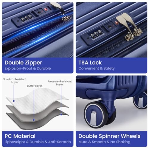 Luggage Sets 3 Piece(20/24/28), Expandable Carry On Luggage with TSA Lock Airline Approved, 100% PC Hard Shell and Lightweight Suitcase with Front Pocket and Spinner Wheels (Navy Blue)3