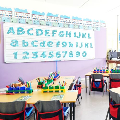 Image of Colarr 216 Pcs 4 Inch Glitter Bulletin Board Letters for Classroom Alphabet Punctuation Symbol Cutout Die-Cut Light Blue Poster Letter with Adhesive Dot School Party Holiday Decor Display
