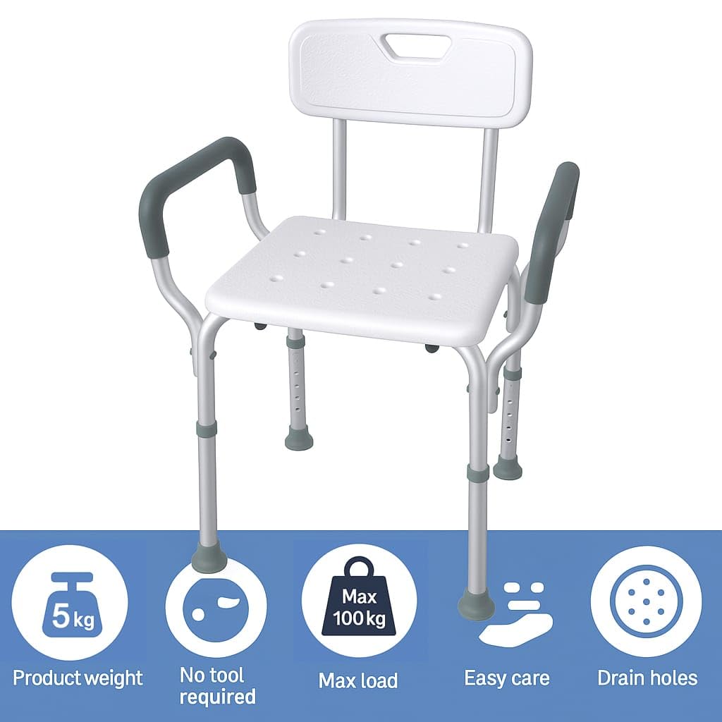 Sedia da doccia ergonomica DynaSun B539 sgabello da bagno regolabile in altezza con braccioli e schienale per anziani e persone con mobilità ridotta