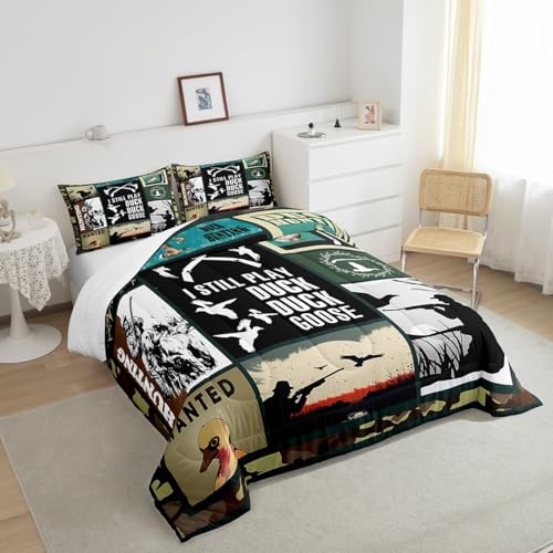 Image of Feelyou Kids Duck Hunting Comforter Set Full Size, Green Duck Bedding Set Hunting Fishing Comforter for Kids Boys Girls Wildlife Duvet Insert Room Decor with 2 Pillow Case