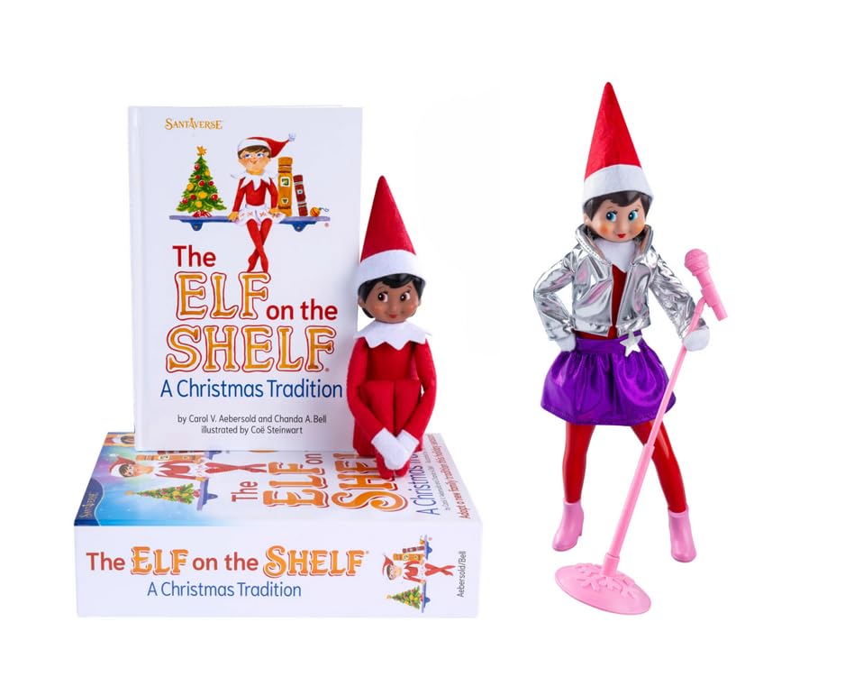 The Elf on the Shelf Brown Eyed Girl Scout Elf with Magifreez Popstar Elf Standing Gear with Glam Jacket, Skater Skirt and Accessories