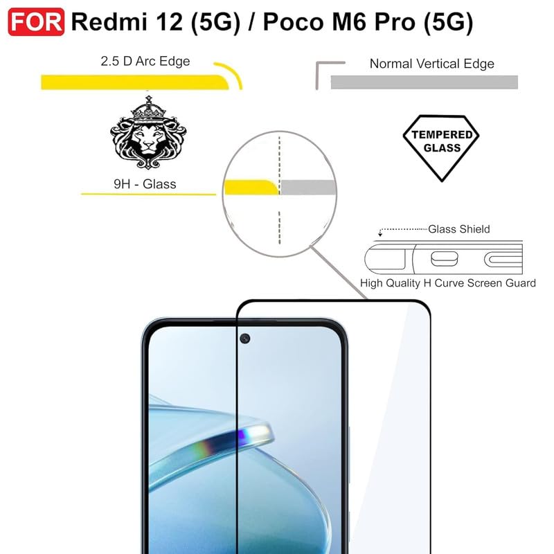 Image of Edge To Edge Tempered Glass For Redmi 12 5G / Redmi 12 / Poco m6 proWith Easy Self Installation Kit
