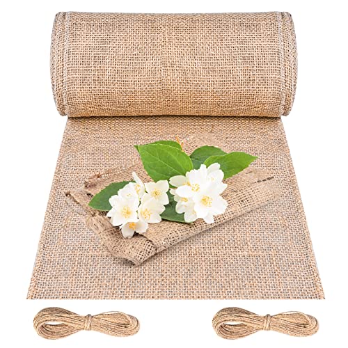 Cieex Jute Tischläufer, 20cm x 10m Juteband Tischband,100% Natur Juteläufer Jutestoff mit 20m Jute-Schnur für Hochzeit, Bauernhaus Party, Beige Rustikale Tisch Dekoration