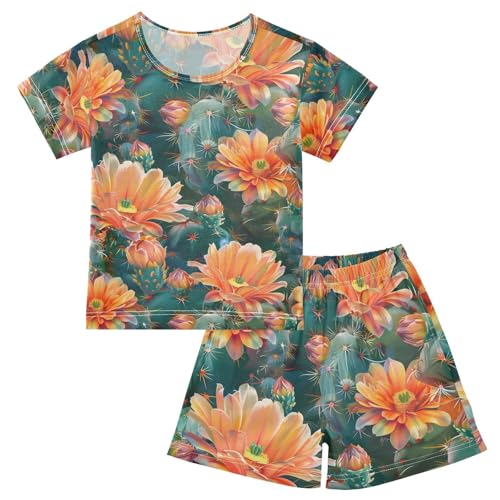 ALAZA Cactus Flower Floral Pajamas Short Sleeve 2 Piece Sleepwear Top and Bottom Pajama Set Unisex